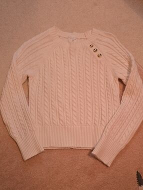 Abercrombie Kids Cable Knit Crewneck Sweater with Button Detail - Cream